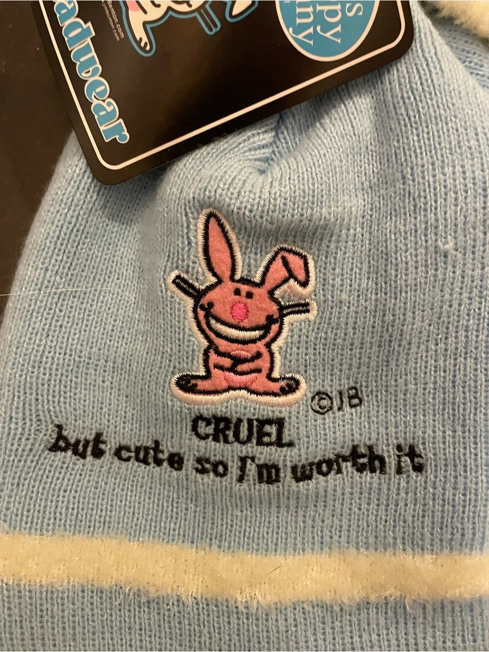 Happy Bunny Light Blue Beanie and Glove Set with Pink Bunny